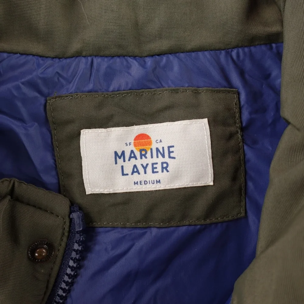 Marine Layer Puffer Vest Mens Medium Blue Duck Down Quilted Colorblock Huckberry