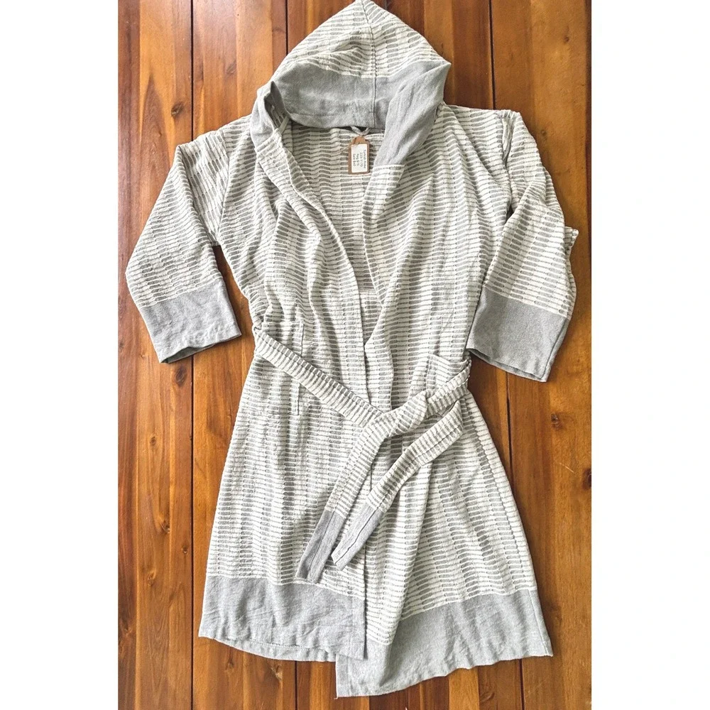 Turkish Cotton Hooded Robe L/XL Gray Stripe Belted Lightweight Spa Bathrobe NWT