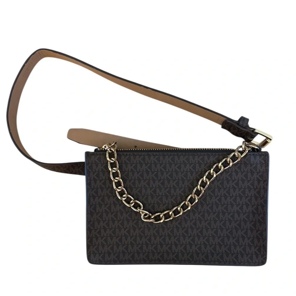 MICHAEL KORS signature logo belt bag Gold chain Brown Fanny Pack Small