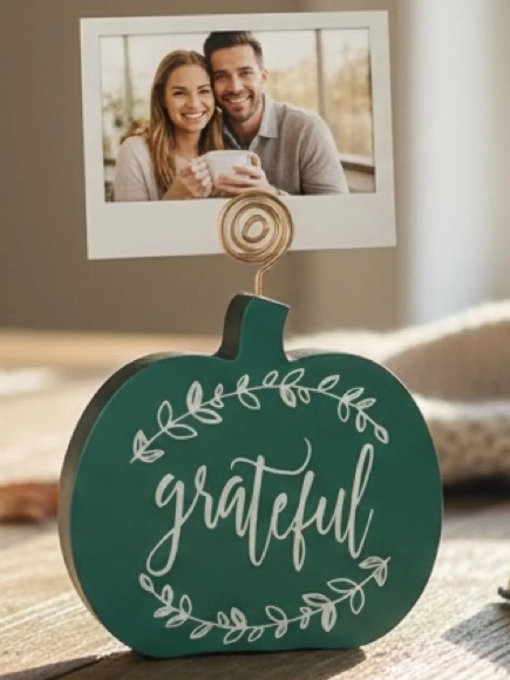 “Grateful” Pumpkin Placeholder Photoholder Wooden & Metal Fall Decor Green
